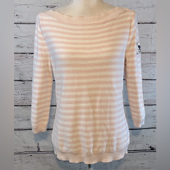LAUREN JEANS COMPANY (Ralph Lauren) Sweater Vintage Boatneck Pink/White Stripe-M - Picture 1 of 3